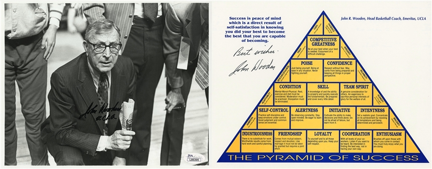 Lot of (2) John Wooden Autographed Photo and Pyramid of Success (JSA)
